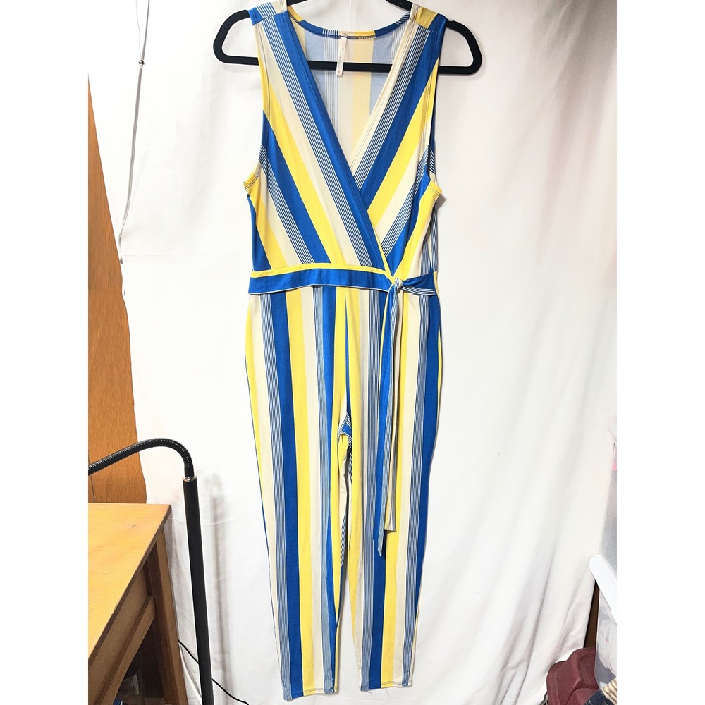 Love Nation Womens Blue Yellow Striped Sleeveless V-Neck Wrap Tie Waist Jumpsuit